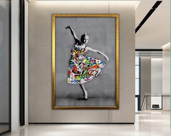 Arte mural de graffiti de mujer, pintura de lienzo de calle, decoración de pared de graffiti, arte de pared de Banksy, impresión de graffiti, arte de lienzo enmarcado