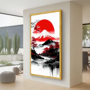 Japanese Landscape Canvas Wall Art, Mount Fuji with Red Sun, Cherry Blossom Trees, Traditional Asian Art, Modern Home Decoration