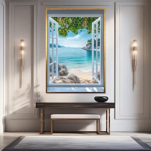 Seaside Faux Window Canvas, Ocean View Wall Art, Beach Escape Print, Tropical Scenery Decor, Wall Art Canvas Design, Ready to Hang