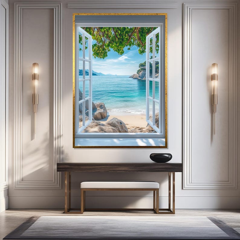 Seaside Faux Window Canvas, Ocean View Wall Art, Beach Escape Print, Tropical Scenery Decor, Wall Art Canvas Design, Ready to Hang