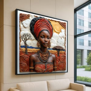 African Woman Portrait Canvas Wall Art, Tribal Jewelry and Headwrap, Ethnic Cultural Home Decor, Textured Landscape Background Canvas