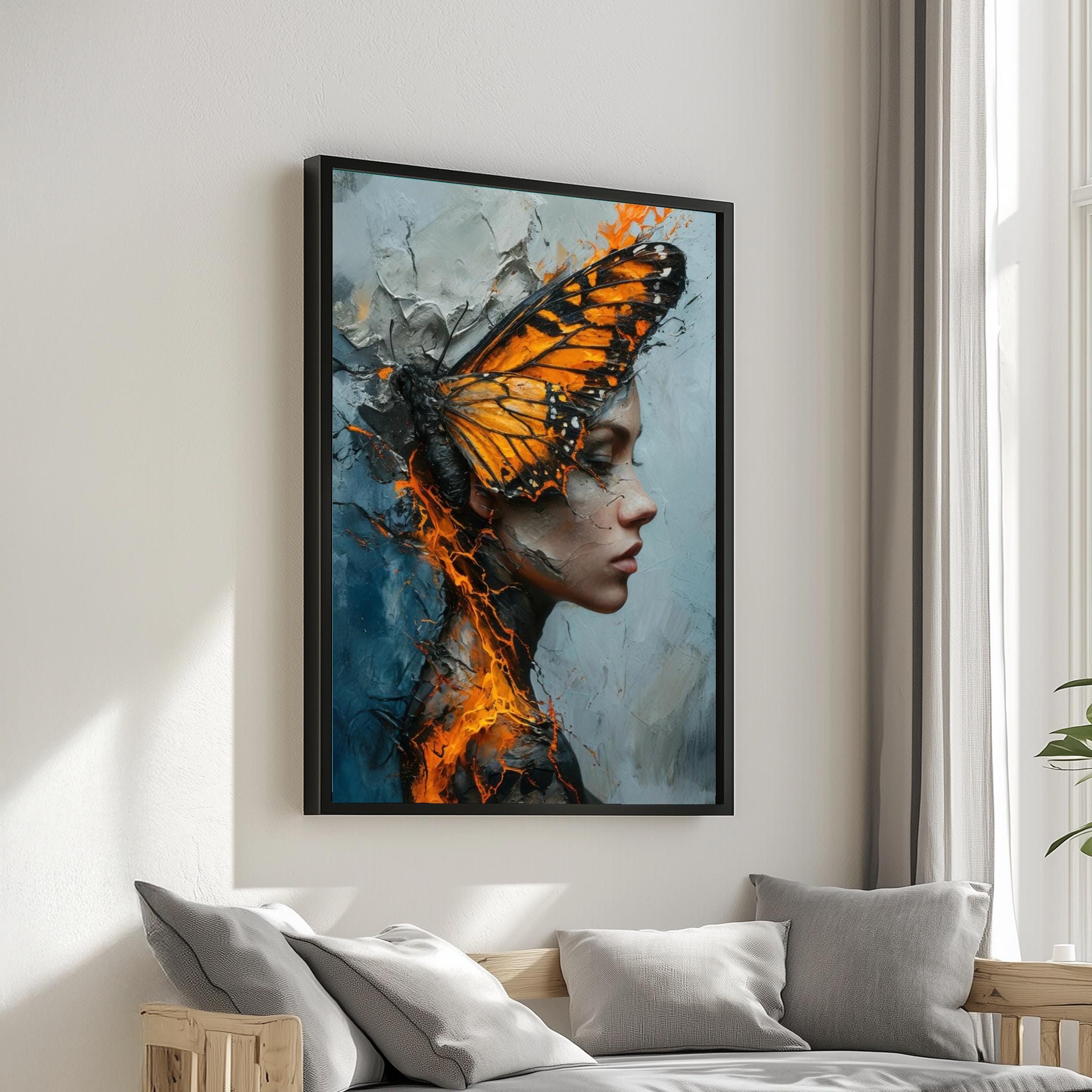 蝶の変態アート、モナークバタフライキャンバス、シュールな肖像画の壁