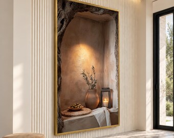 May include: A rectangular wall art piece in a gold frame depicting a stone alcove with a textured tree trunk edge. Inside, a ceramic vase holds olive branches next to a small bowl of olives, a lit candle in a glass lantern, and a white cloth.