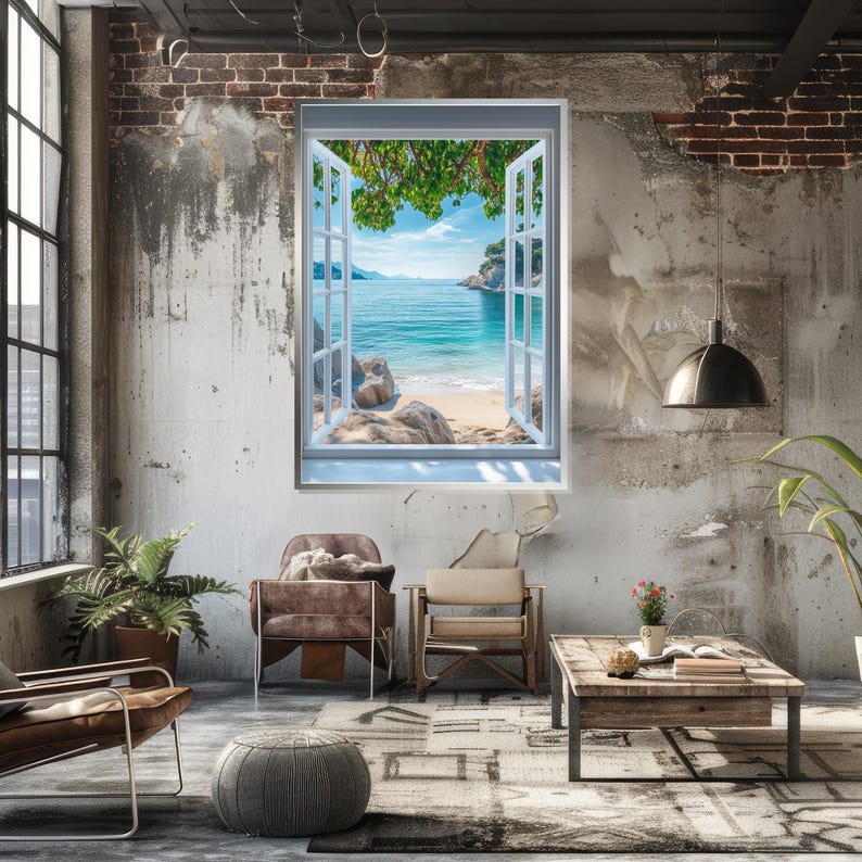 Seaside Faux Window Canvas, Ocean View Wall Art, Beach Escape Print, Tropical Scenery Decor, Wall Art Canvas Design, Ready to Hang