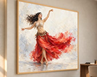 May include: A framed wall art print depicting a dancer in motion, wearing a beaded gold top and a flowing, layered red skirt. The figure has long dark hair and is captured in a dynamic pose against a soft, abstract, light-colored background.