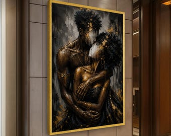 May include: An abstract painting of a couple embracing, rendered in shades of black, gold, and gray. The artwork features a gold frame and depicts the figures with a textured, artistic style. The couple is in a close embrace, with gold accents highlighting their forms.
