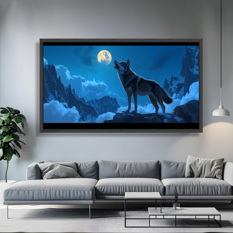 Majestic Wolf Howling at Full Moon Canvas, Night Mountain Scene ...