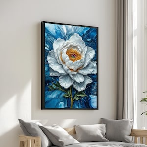 White Peony Bloom, Abstract Floral Canvas, Blue Background, Wall Art Canvas Design, Ready to Hang Decoration