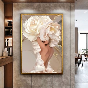 White Flower Woman, Woman In Flower Dress, Flower Canvas Print, Floral Art, Sexy Woman Art, Fashion Wall Art, Luxury Framed Wall Decor