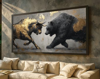 Bull vs Bear Canvas Wall Art, Financial Market Conflict Painting, Abstract Gold Accent Animal Art, Modern Stock Market Decor, Ready to Hang