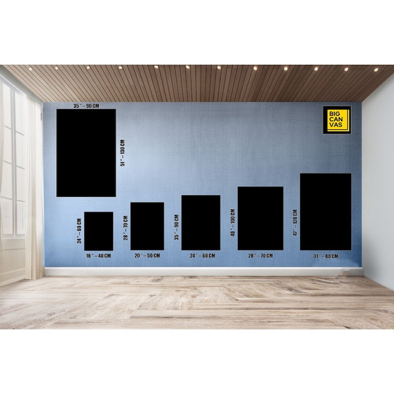 May include: A wall with different sized black canvas prints, with measurements in inches and centimeters, for sale. The text "BIG CANVAS" is in a yellow box in the upper right corner of the image.