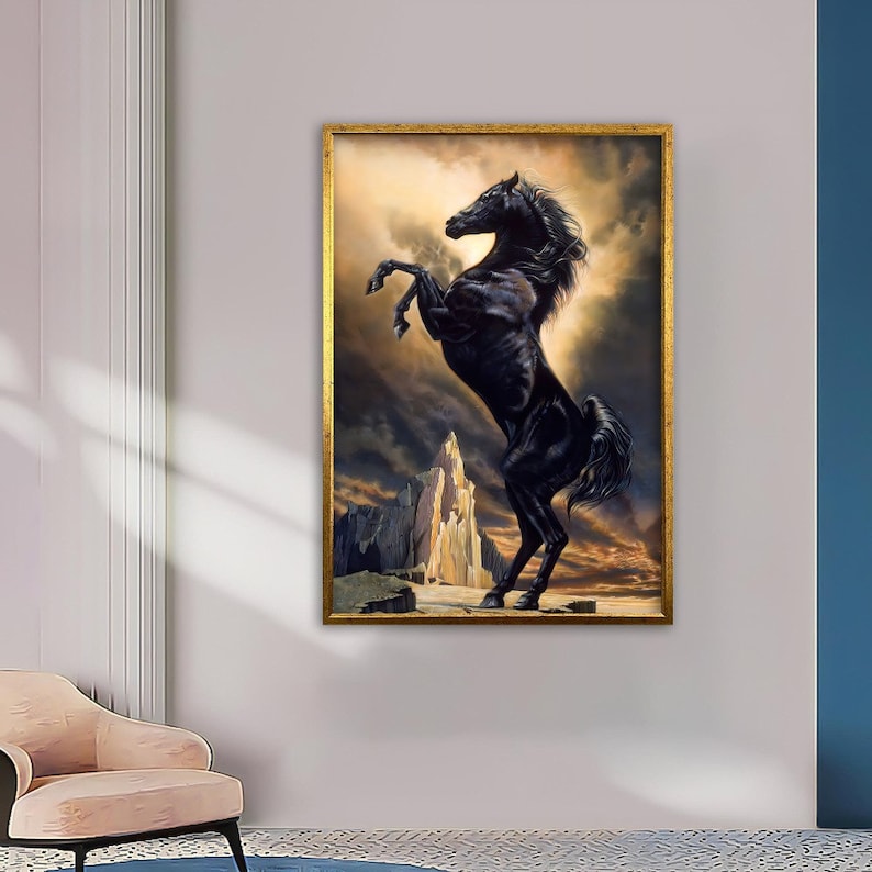 May include: A black horse rears up on its hind legs against a dramatic backdrop of clouds and rock formations. The horse's mane and tail flow in the wind, and its eyes are wide with excitement. The painting is done in a realistic style, with attention to detail in the horse's musculature and the texture of the clouds.