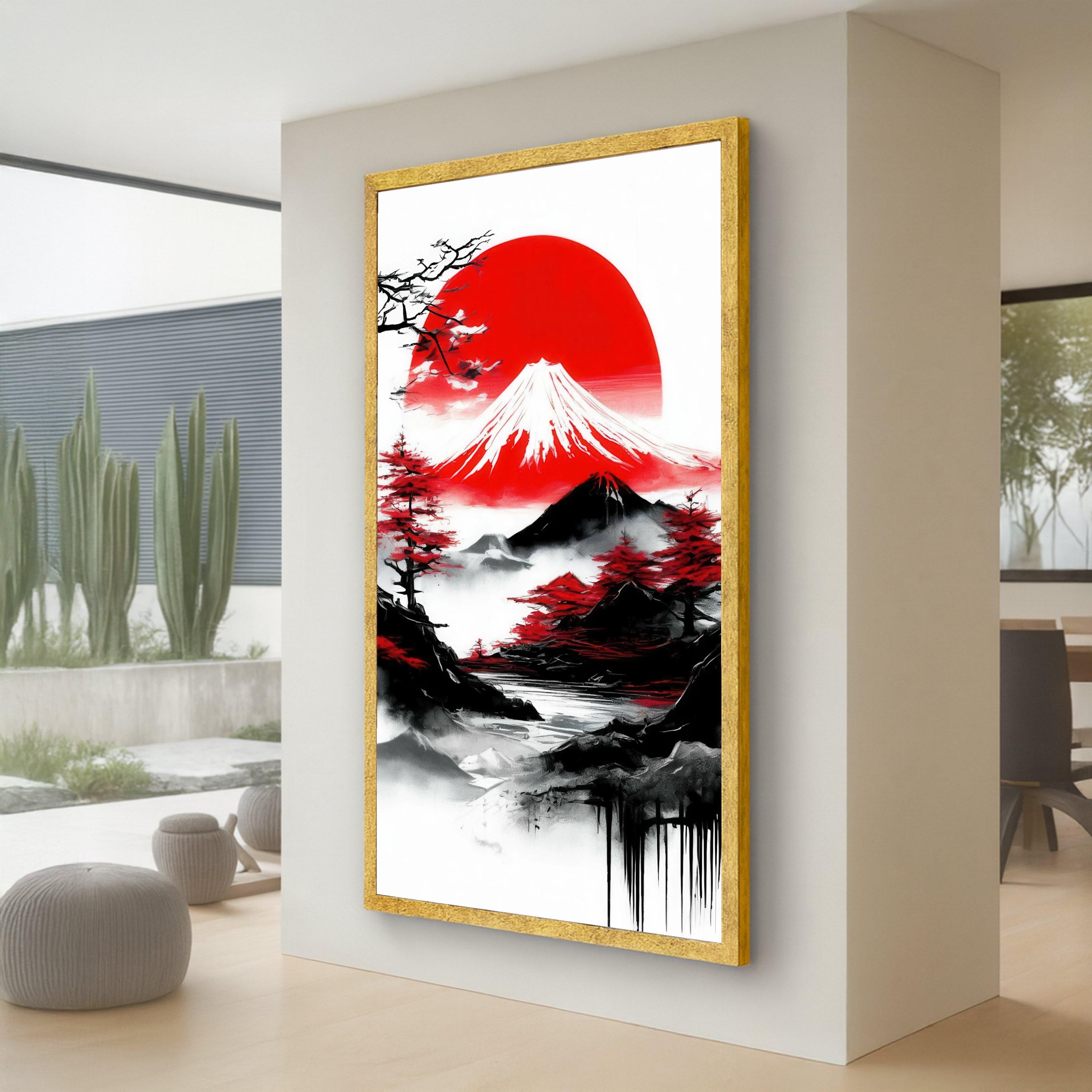 Japanese Mountain Landscape Canvas, Mt Fuji With Red Sun Wall Art