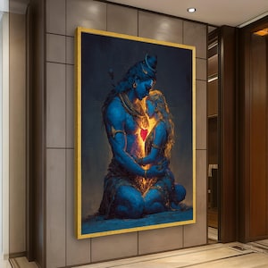 May include: A framed artwork depicting two figures in a loving embrace, rendered in shades of blue and gold. The figures are adorned with intricate details, and a glowing red heart is at the center. The artwork is set against a dark background.
