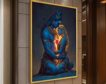 Goddelijke liefde omarmen canvas, hindoeïstische godheden Shiva Parvati kunst, spirituele muur decor, mythologisch paar schilderij, romantisch huis canvas
