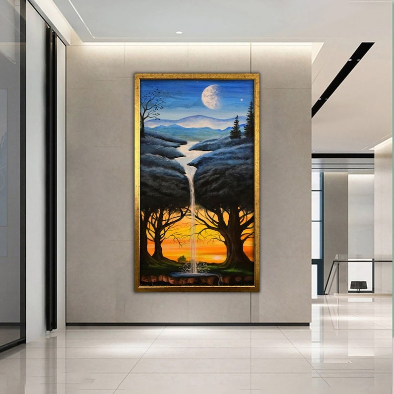 May include: A painting of a waterfall flowing through a forest with a moon and stars in the sky. The sky is blue and the forest is green and brown. The waterfall is white and the water is blue. The moon is white and the stars are yellow.