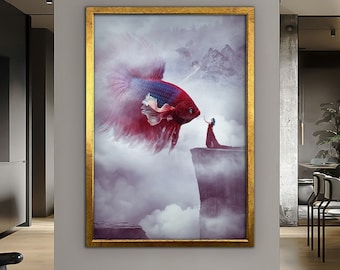 Surreal Woman Canvas, Surreal Fish Art, Canvas Wall Art, Surreal Art Print, Surreal Painting, Modern Art, Framed Canvas Art