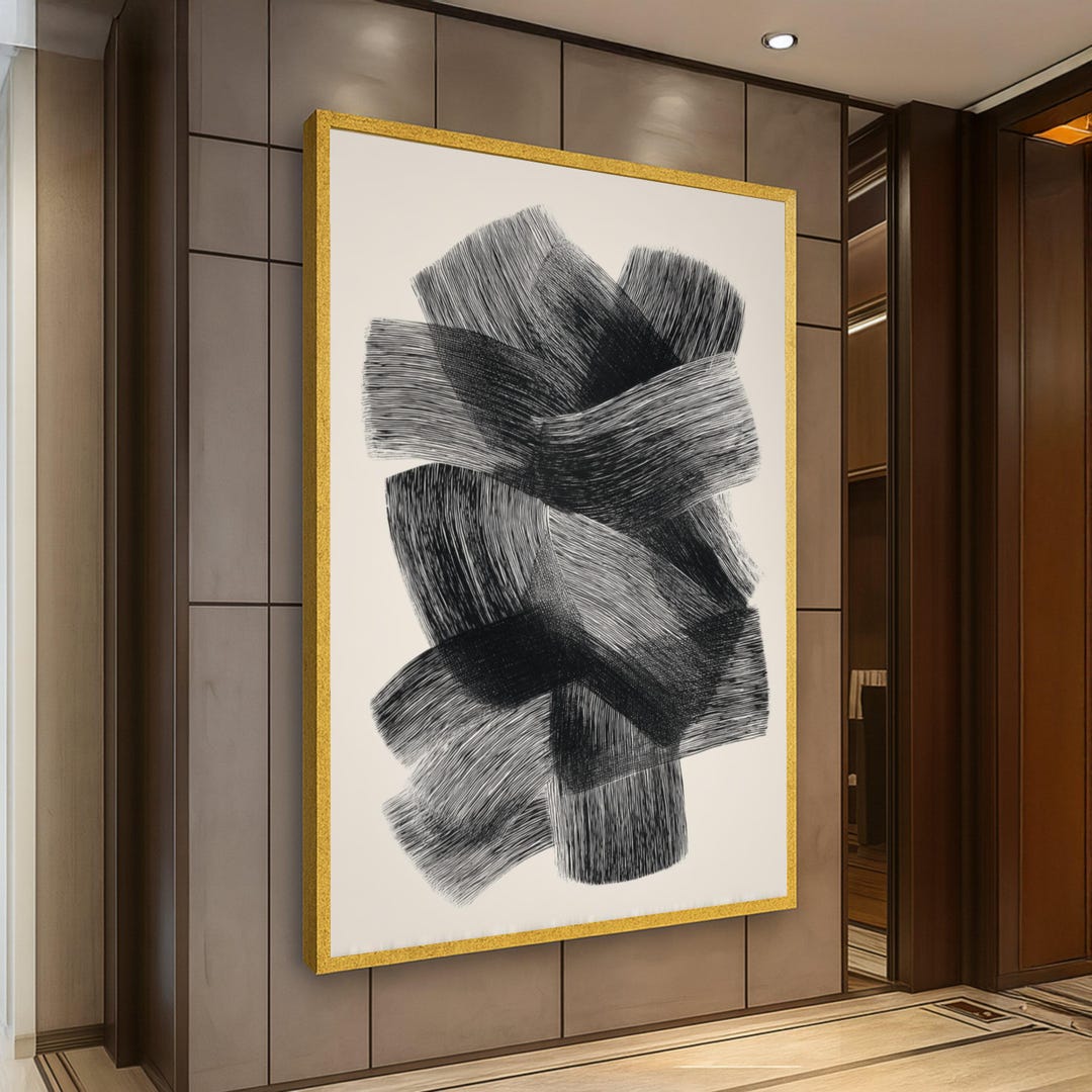 Modern Black and White Abstract Canvas, Textured Brushstroke Wall Art ...