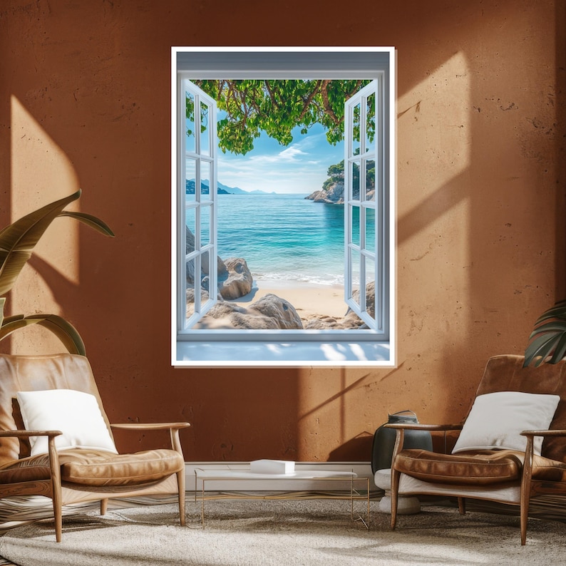 Seaside Faux Window Canvas, Ocean View Wall Art, Beach Escape Print, Tropical Scenery Decor, Wall Art Canvas Design, Ready to Hang