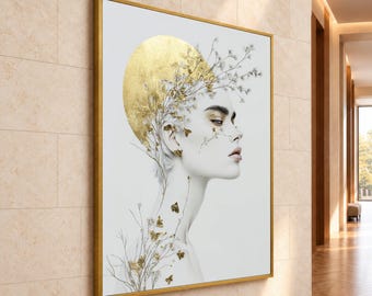 May include: A framed wall art print featuring a profile portrait of a person with a gold circular halo behind their head. Delicate white and gold floral branches and small butterflies are intertwined with the person's hair and neck.