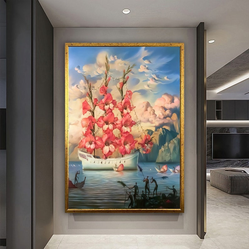 May include: A surrealist painting of a white ship with pink flowers growing from its deck. The ship is sailing on a blue sea with a cloudy sky above. There are small figures in the water around the ship.