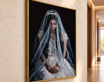May include: A framed wall art print featuring a person with long dark hair wearing a white lace wedding dress and a sheer, sparkling veil over their head. The figure is positioned against a solid black background, with hands clasped.