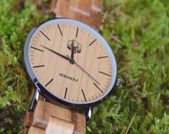 Wooden wristwatch "Samuel" | Handmade wooden watch | Acacia wood & black stainless steel case | Sustainable wristwatch | Gift [41 mm]