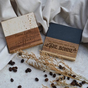 Koffie/Thee gegraveerde onderzetters | Onderzetters van travertijn/donker marmerhout | Instellen | Handgemaakt | Geschenk | Inwijdingsfeest | souvenirs