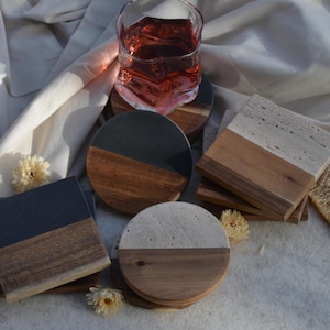Untersetzer | Travertin oder dunkle Marmor-Holz-Untersetzer | Handgefertigt | Geschenk