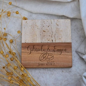 Sottobicchieri personalizzati con incisione per matrimonio | Sottobicchieri in legno travertino/marmo scuro | Fatto a mano | Nozze | Regalo | Regalo per l'ospite