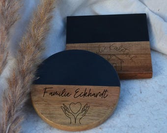 Custom Engraved Coasters for Home | Travertine/Dark Marble Wood Coasters | Handmade | Family | Gift | Hostess Gift