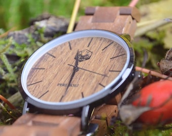 Wooden wristwatch "Erni" | Handmade wooden watch | Walnut wood & black stainless steel case | Sustainable wristwatch | Gift [41 mm]