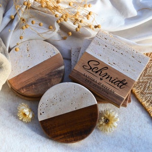 Travertin-Holz-Untersetzer, Individuell graviert | Set | Handgefertigt | Geschenk | Housewarming | Hochzeit | Jahrestag | Weihnachten
