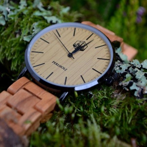 Wooden watch &quot;Adam&quot; | Handmade wooden watch | Olive wood & black stainless steel case | Sustainable wristwatch | Gift [41 mm]