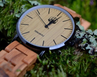 Wooden watch "Adam" | Handmade wooden watch | Olive wood & black stainless steel case | Sustainable wristwatch | Gift [41 mm]