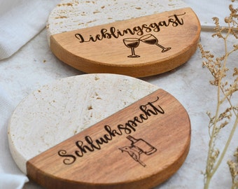 Personalisierte gravierte Untersetzer Wein/Bier/Cocktail/Home | Travertin/dunkle Marmor-Holz-Untersetzer | Handgefertigt | Geschenk
