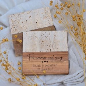 Sottobicchieri personalizzati con incisione per matrimonio | Sottobicchieri in legno travertino/marmo scuro | Fatto a mano | Nozze | Regalo | Regalo per l'ospite