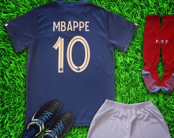 France 2022 Home Kylian Mbappe #10 Kids Soccer Uniform Jersey Shors Socks for Boys Girls Cup Paris Youth Sizes