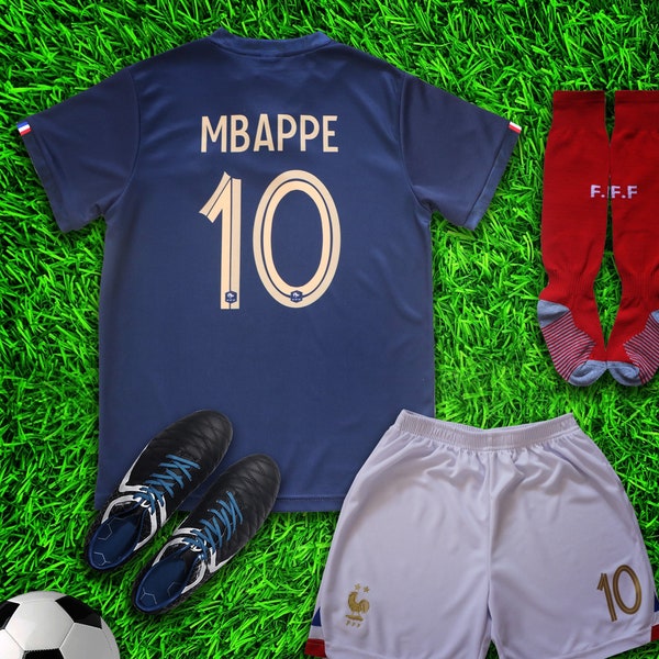 France 2022 Home Kylian Mbappe #10 Kids Soccer Uniform Jersey Shors Socks for Boys Girls Cup Paris Youth Sizes