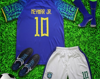 Brasil 2022 Neymar Away Kids Soccer Uniform Jersey Shors Socks for Boys Girls Youth Sizes