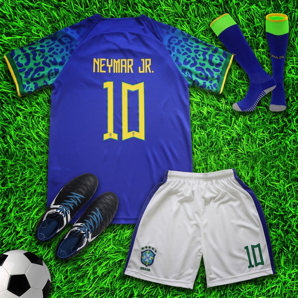 Brasil 2022 Neymar Away Kids Soccer Uniform Jersey Shors Socks for Boys Girls Youth Sizes