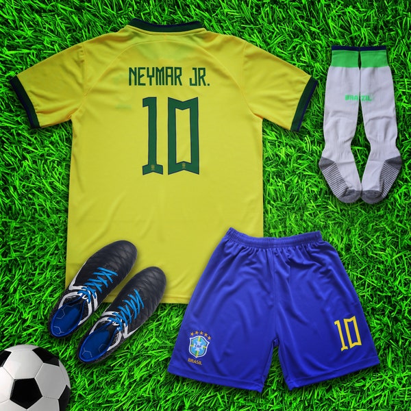 Brasil 2022 Neymar Kids Soccer Uniform Jersey Shors Socks for Boys Girls Youth Sizes