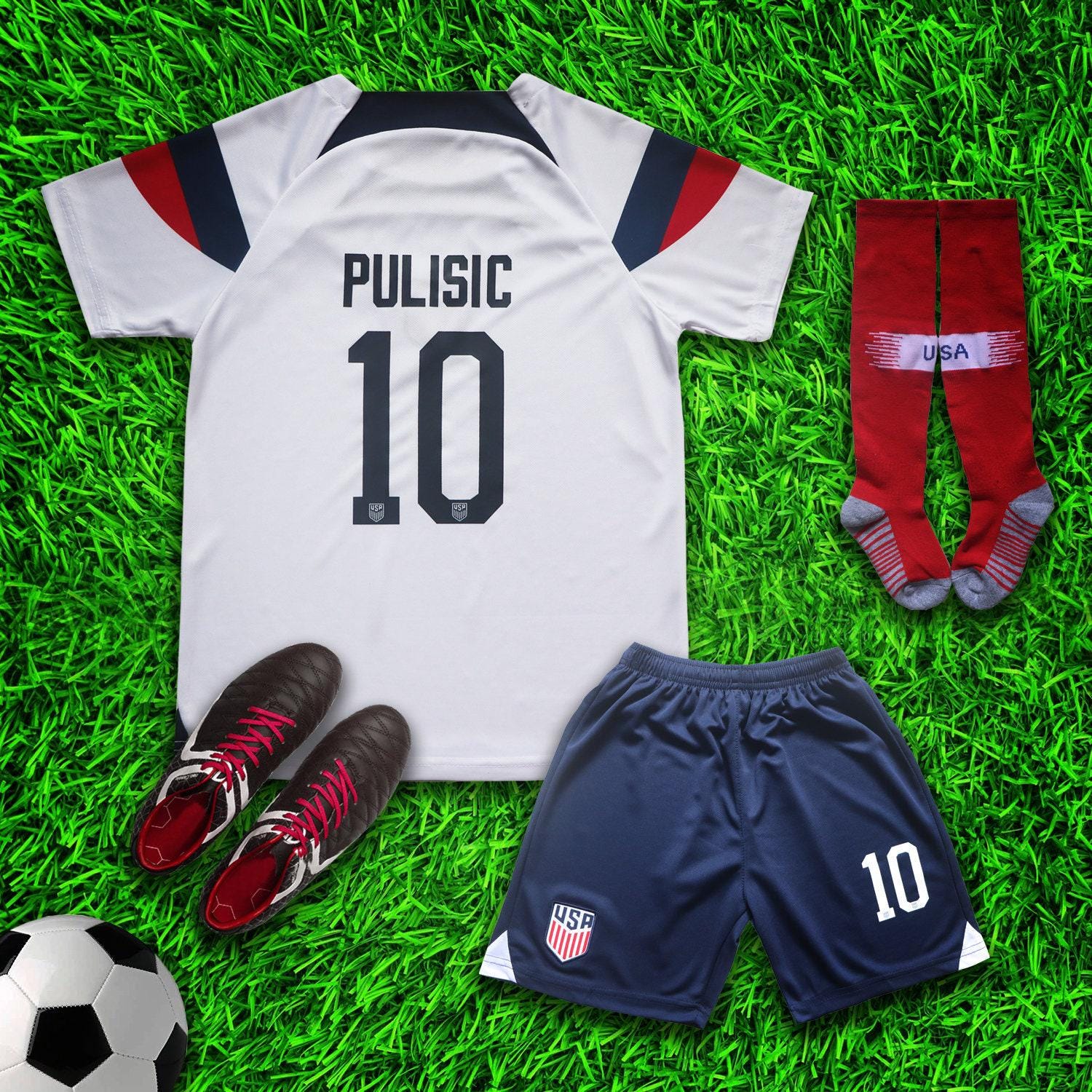 Pulisic #10 National White Soccer Jersey & Shorts with Socks Set for Boys and Girls Uniform Youth Sizes
