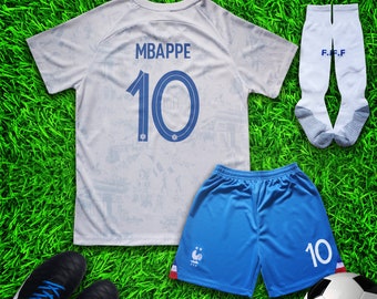 France 2022 Away Kylian Mbappe #10 Kids Soccer Uniform Jersey Shors Socks for Boys Girls Cup Paris Youth Sizes