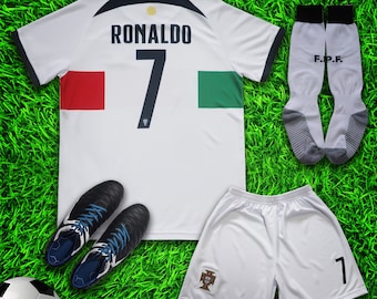 Portugal 2022 Away Ronaldo Kids Soccer Uniform Jersey Shors Socks for Boys Girls Youth Sizes