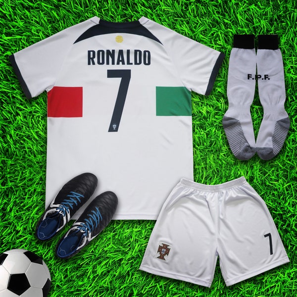 Portugal 2022 Away Ronaldo Kids Soccer Uniform Jersey Shors Socks for Boys Girls Youth Sizes