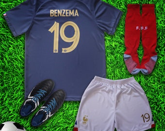 France 2022 Home Benzema Madrid Kids Soccer Uniform Jersey Shors Socks for Boys Girls Youth Sizes