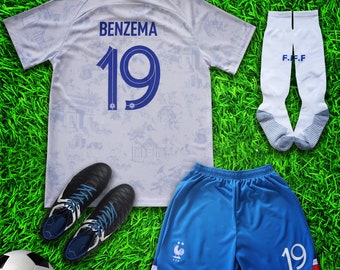 France 2022 Away Benzema Madrid Kids Soccer Uniform Jersey Shors Socks for Boys Girls Youth Sizes