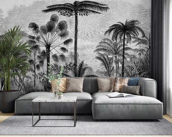 Tropical Wallpaper, Black Living Room Wall Mural, Background Wall Decor, Peel and Stick, Fabric Wall Art