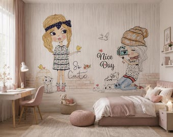 Eenhoornbehang Peel and Stick roze kinderkamermuurschildering